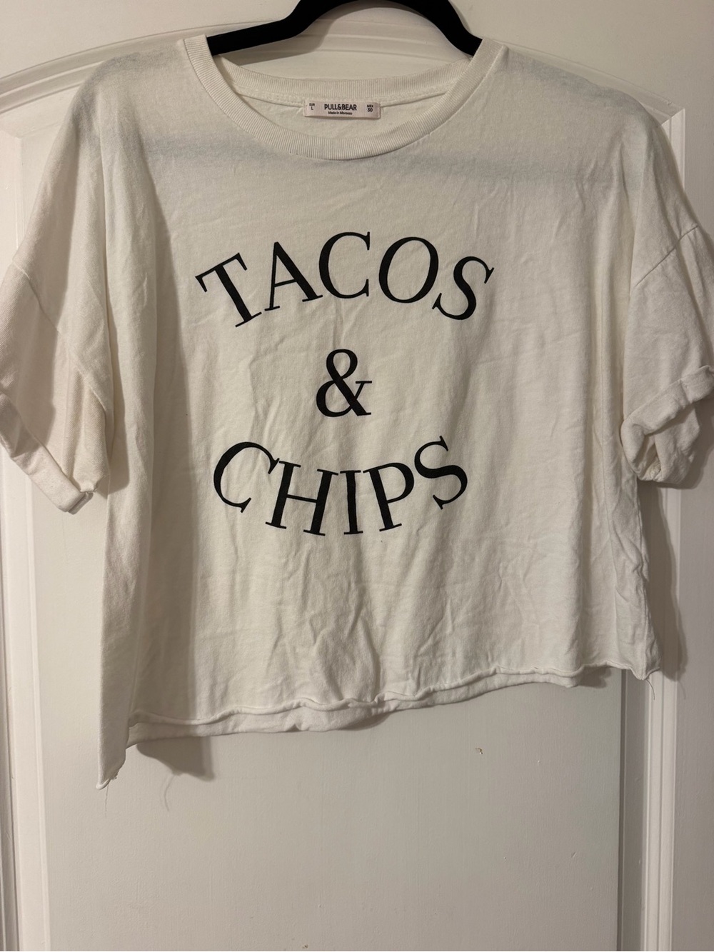 Pull&Bear White Graphic 'Tacos & Chips' Crop Tee